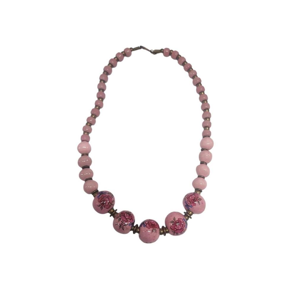 Vintage Porcelain  Painted  Pink Floral Beads & Brass Necklace
